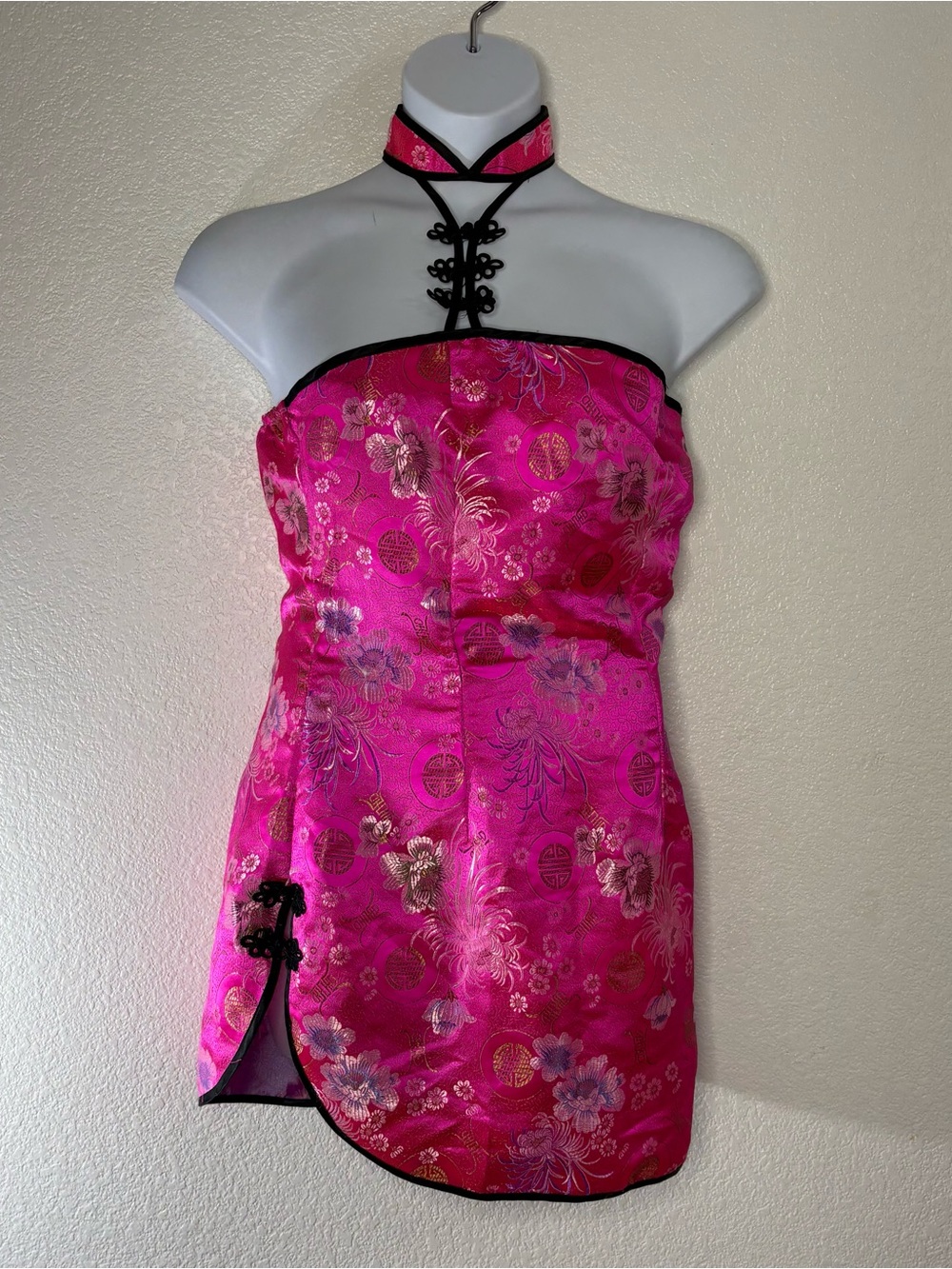 Avenue Hot Pink Floral Satin Strapless Cheongsam-Inspired Dress